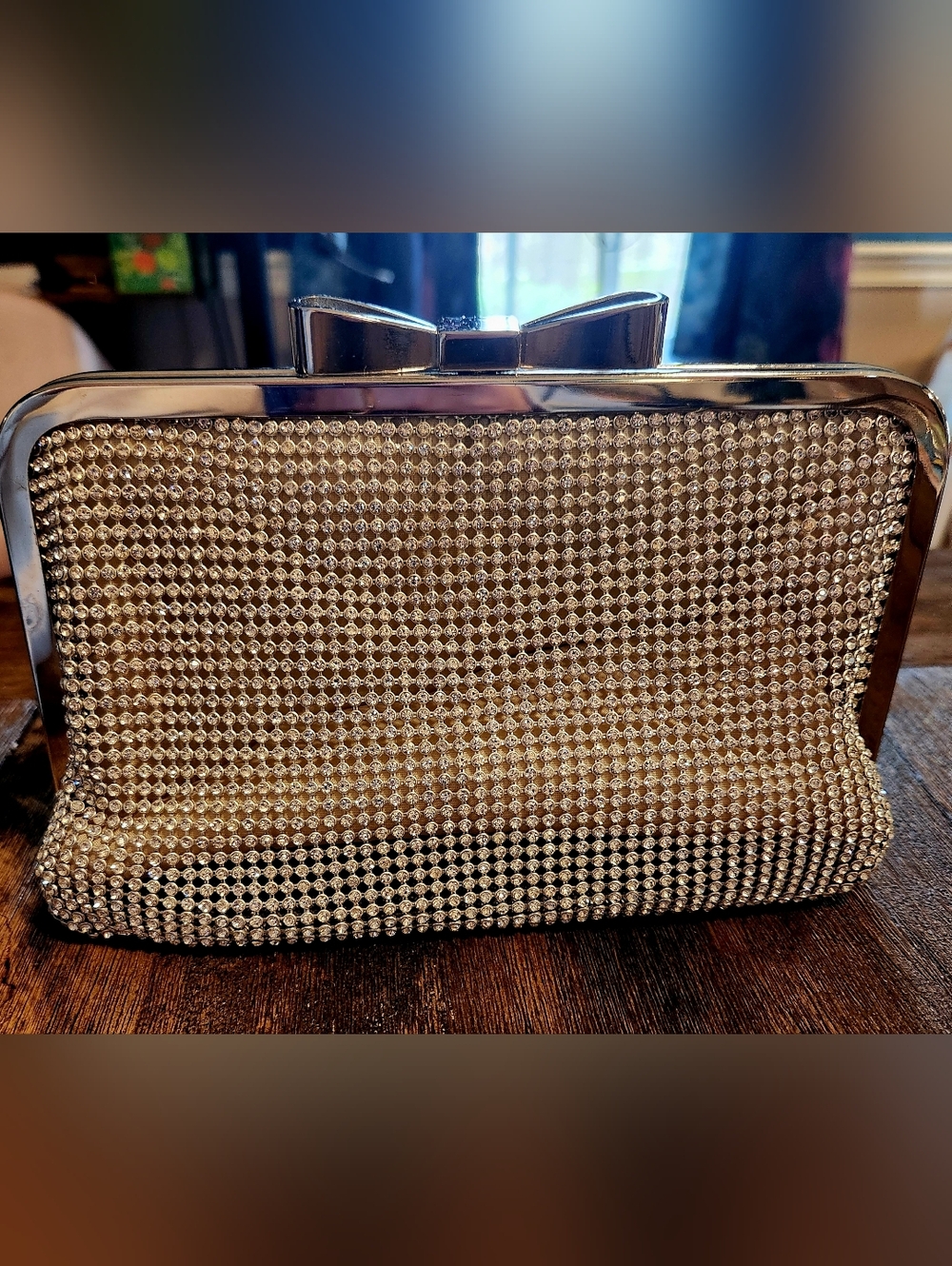 Sparkling crystal clutch evening bag, detachable chain, satin interior, glam EUC